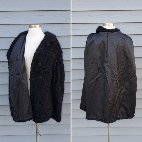 Vintage 80s Retro Faux Mongolian Persian Lamb Black Fur Cape O/S - Picture 3 of 8